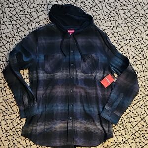 UNIONBAY Black and Blue Plaid Hooded Shirt. Mens LARGE